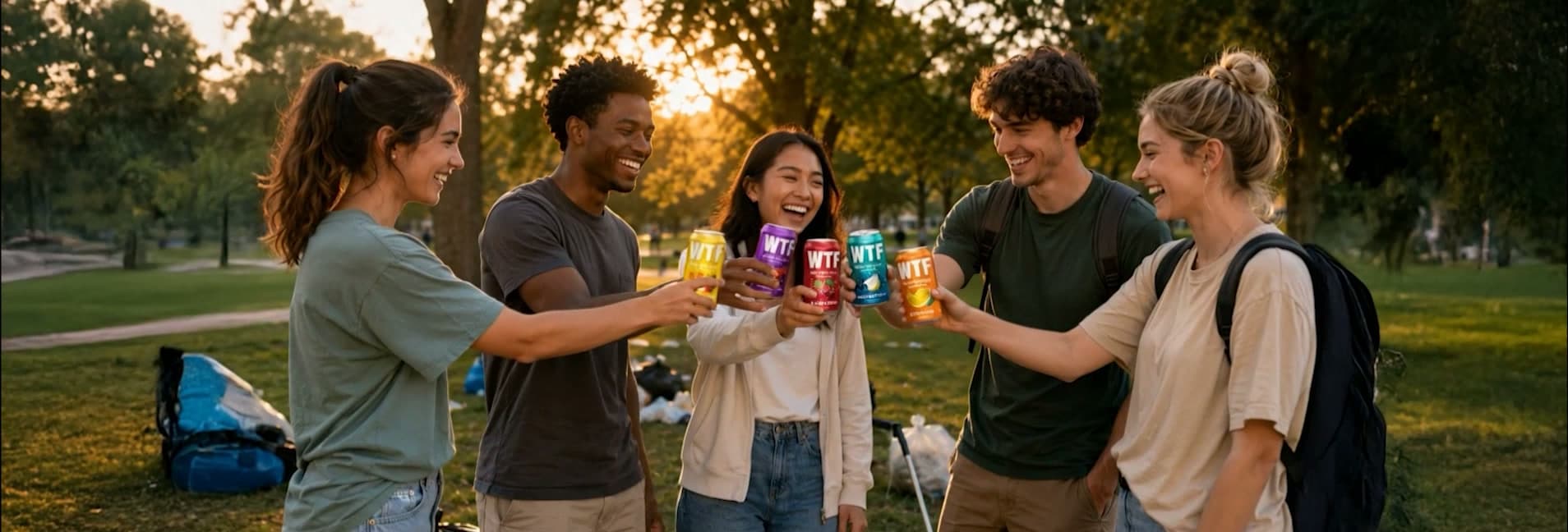 Friends raising cans of WTF together in a park